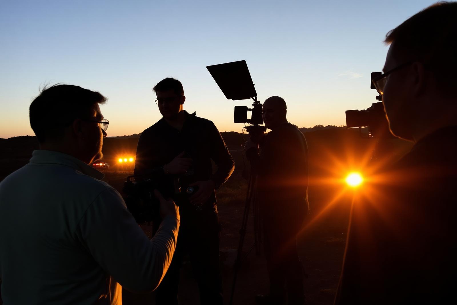 Film crew at golden hour location shoot