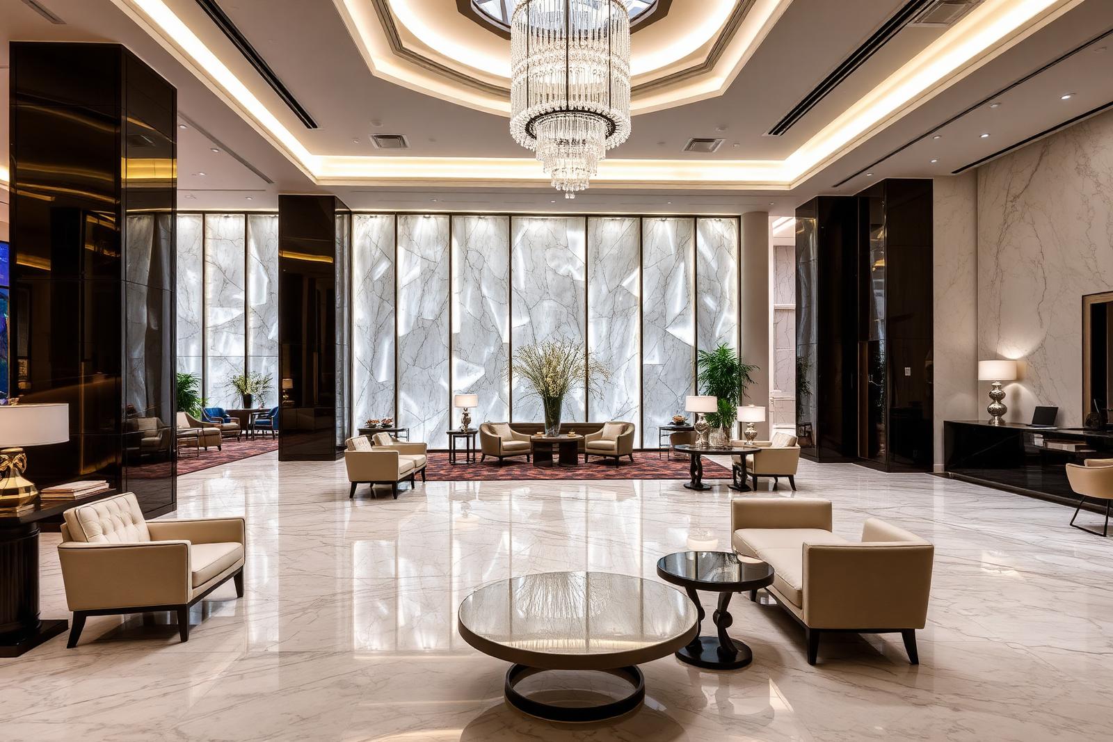 Boutique hotel lobby with chandelier